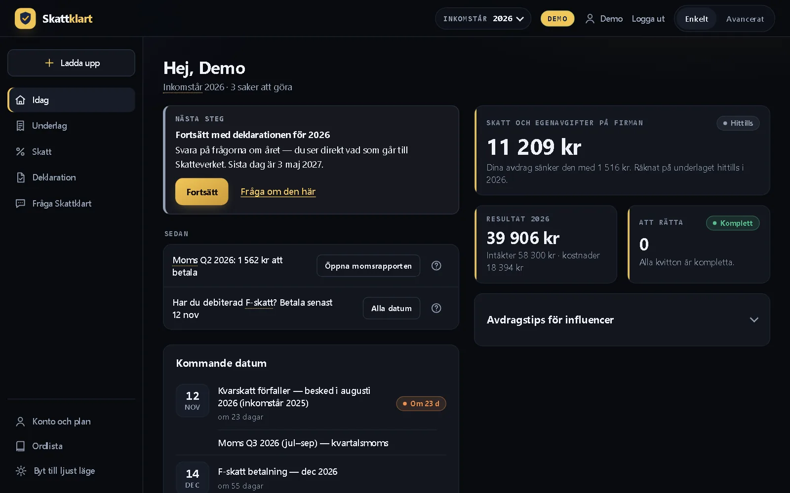 Skattklart i demoläge för influencer: nästa steg, skatten hittills och avdragstips.