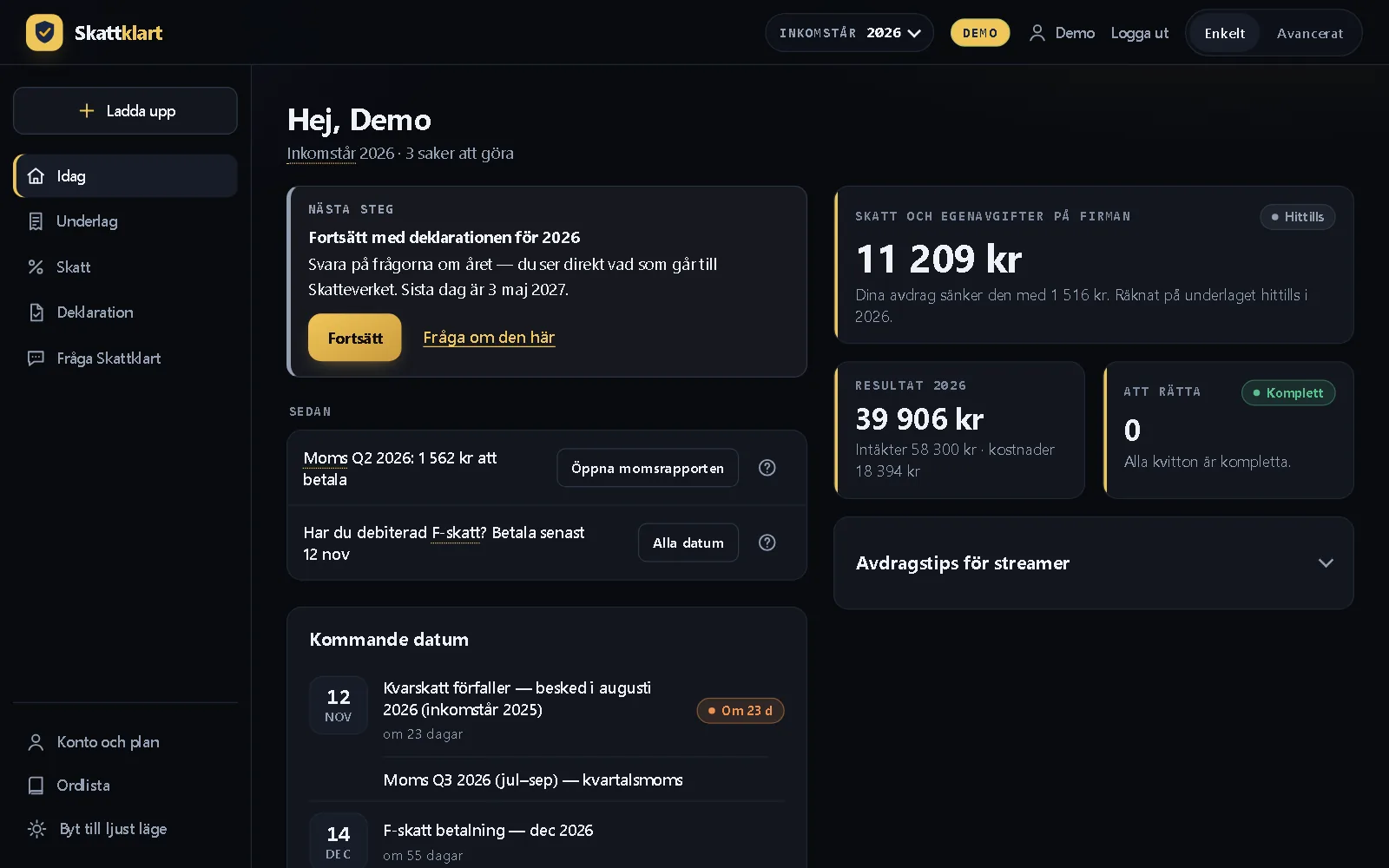 Skattklart i demoläge för streamer: nästa steg, skatten hittills och avdragstips.
